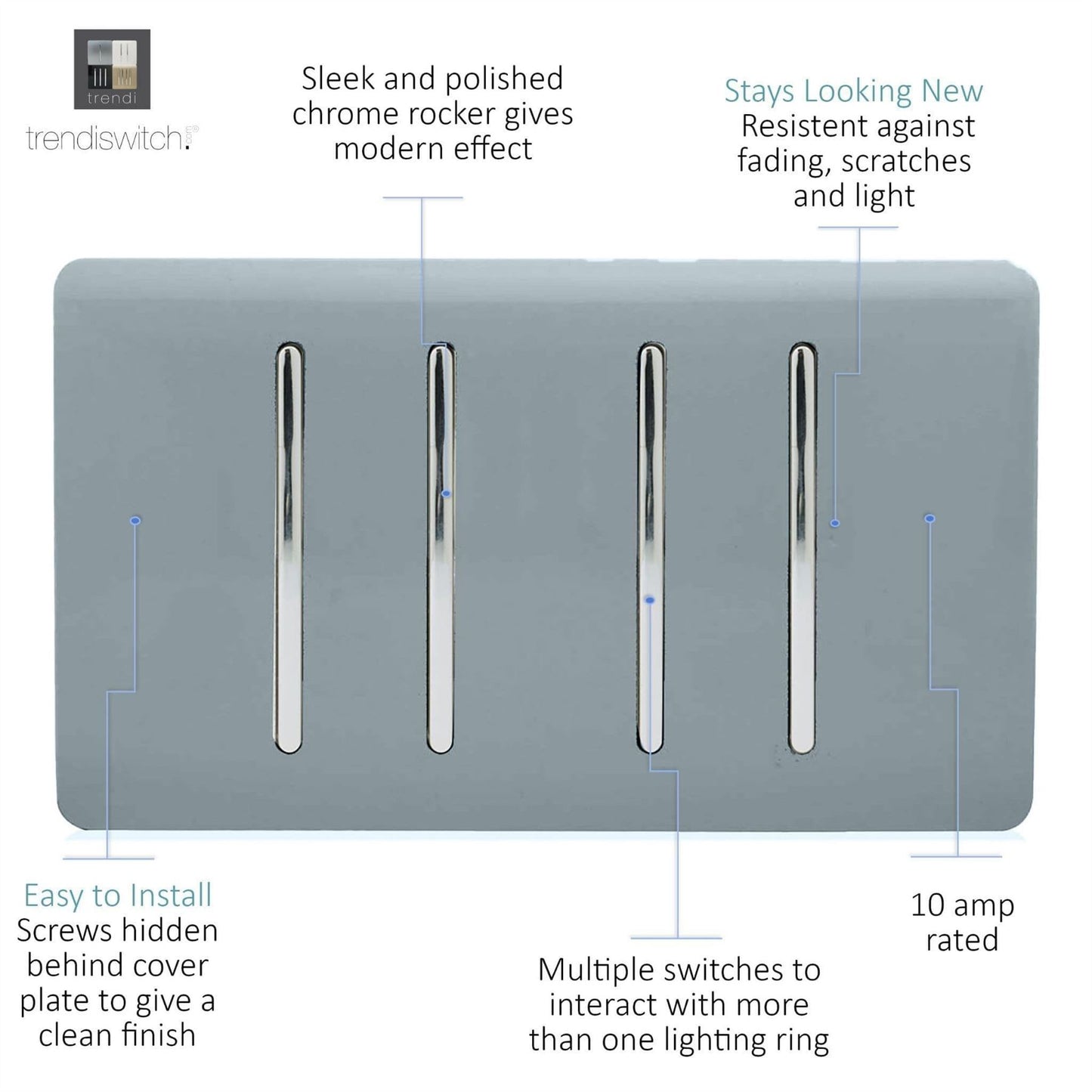 Trendi 4 Gang 3 Way Intermediate Artistic Modern Glossy 10 Amp Rocker Light Switch Cool Grey