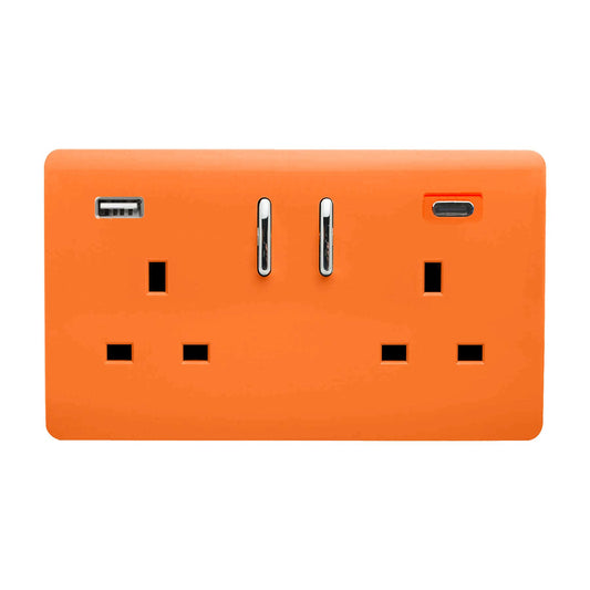 Orange Screwless 2 Gang Switched Double Socket 13A With 1 x USB-A & 1 x USB-C 45W (Shared), (35mm Back Box Req.), 10yrs Warranty