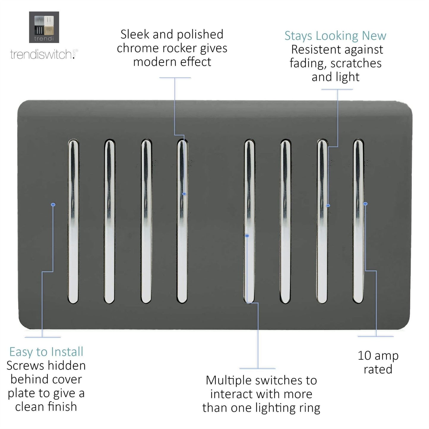 Trendi Artistic Modern Glossy 8 Gang 2 Way Rocker  Double Plate Tactile Light Switch Charcoal