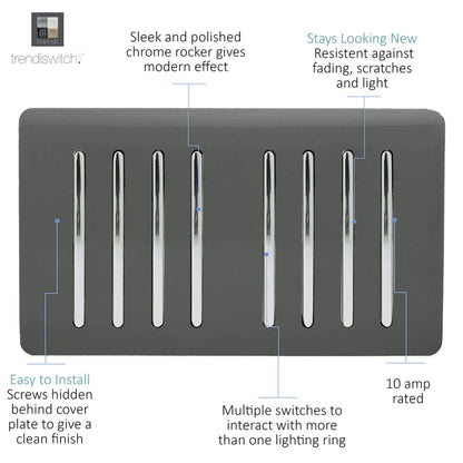 Trendi Artistic Modern Glossy 8 Gang 2 Way Rocker  Double Plate Tactile Light Switch Charcoal