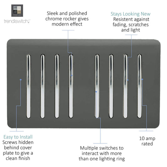 Trendi Artistic Modern Glossy 8 Gang 2 Way Rocker  Double Plate Tactile Light Switch Charcoal