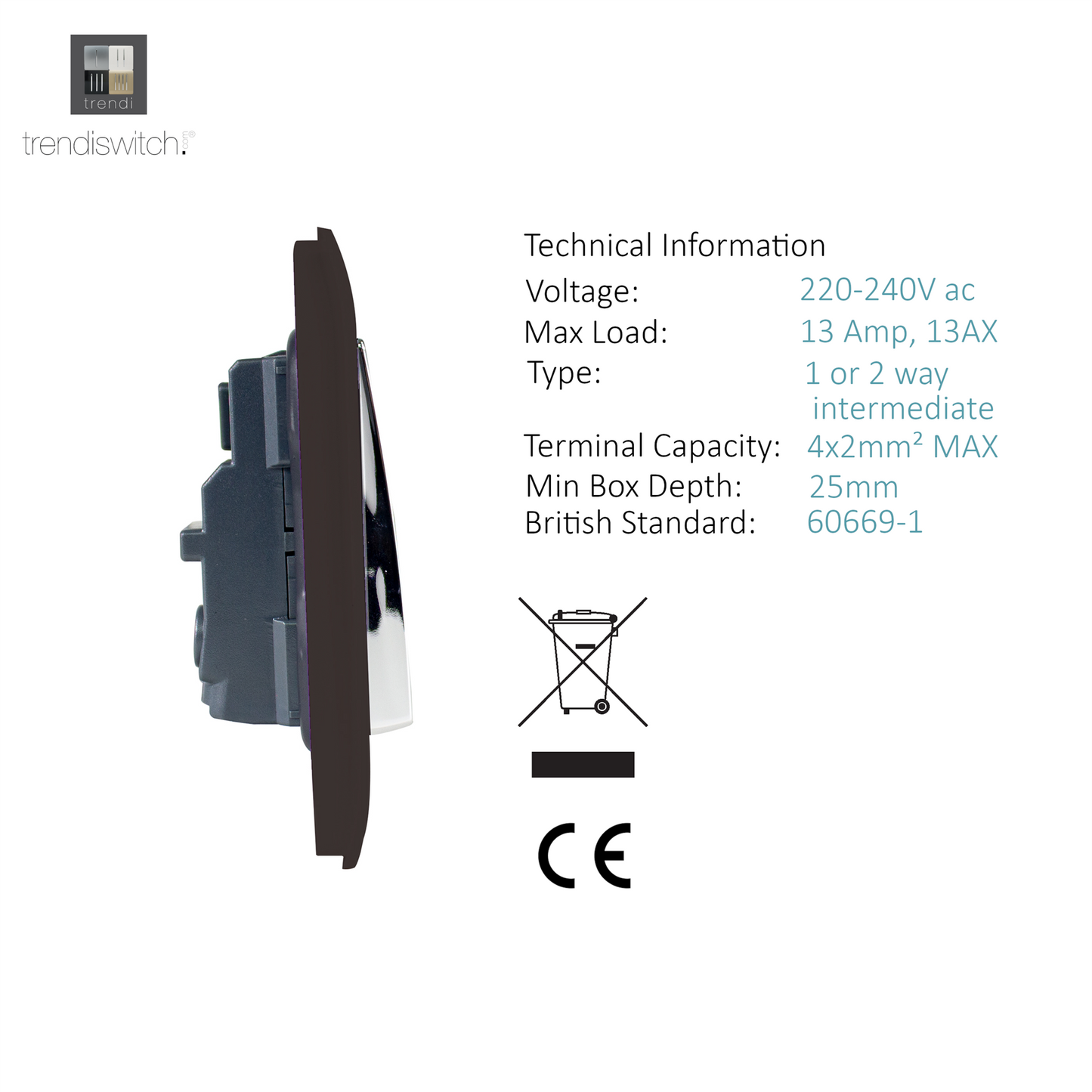 Trendi 2 Gang Artistic Modern Glossy 13 Amp Switched  Plug Socket Dark Brown (3 Pack)