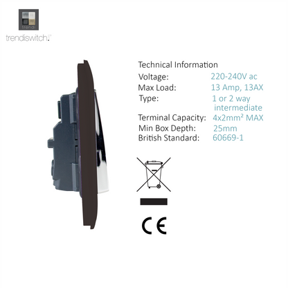 Trendi 2 Gang Artistic Modern Glossy 13 Amp Switched  Plug Socket Dark Brown (3 Pack)