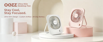 OOZZ Ultra-Slim Portable Desk Fan, Compact Personal Cooling Fan, Stepless Speed Control, USB-C Rechargeable Battery, Quiet Operation for Home & Office, OZ-4122 (Pink)