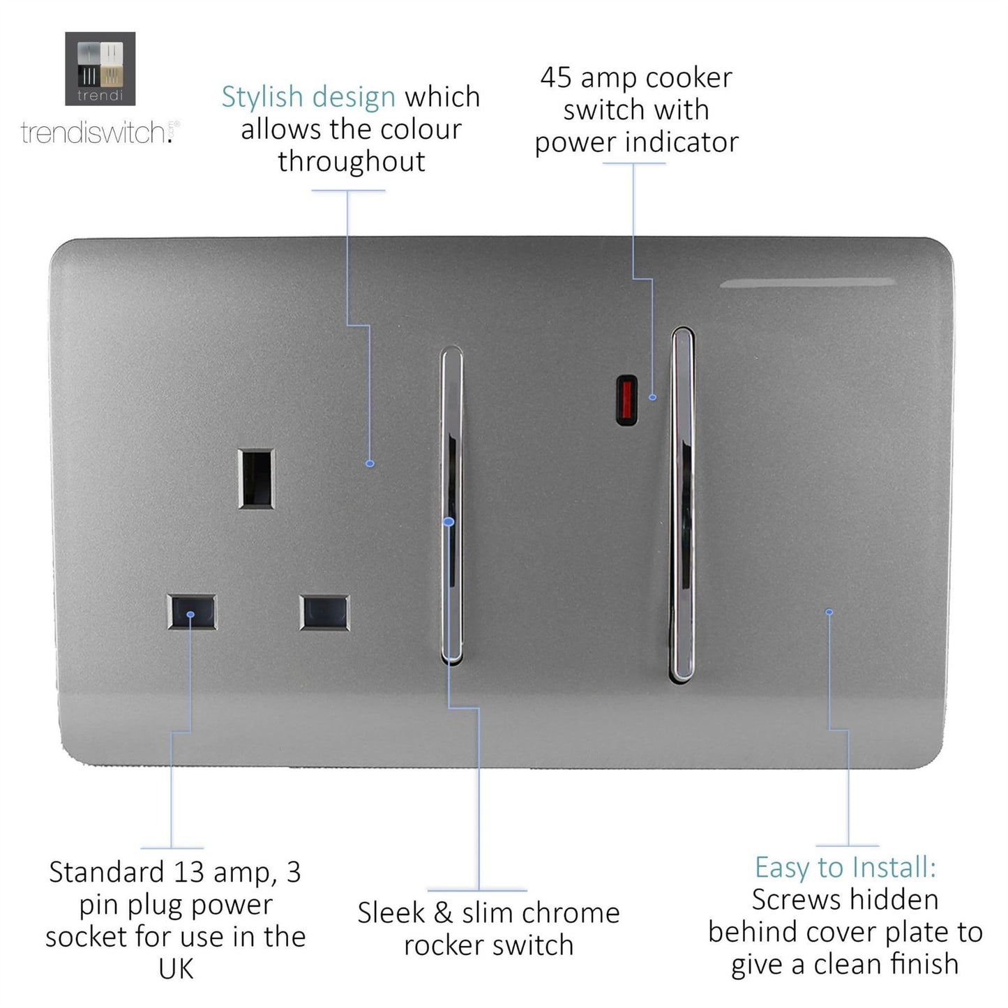 Trendi Artistic Modern Glossy 45 A Cooker Switch & Plug Socket Inc Neon Insert Light Grey