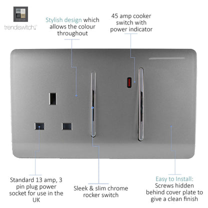 Trendi Artistic Modern Glossy 45 A Cooker Switch & Plug Socket Inc Neon Insert Light Grey
