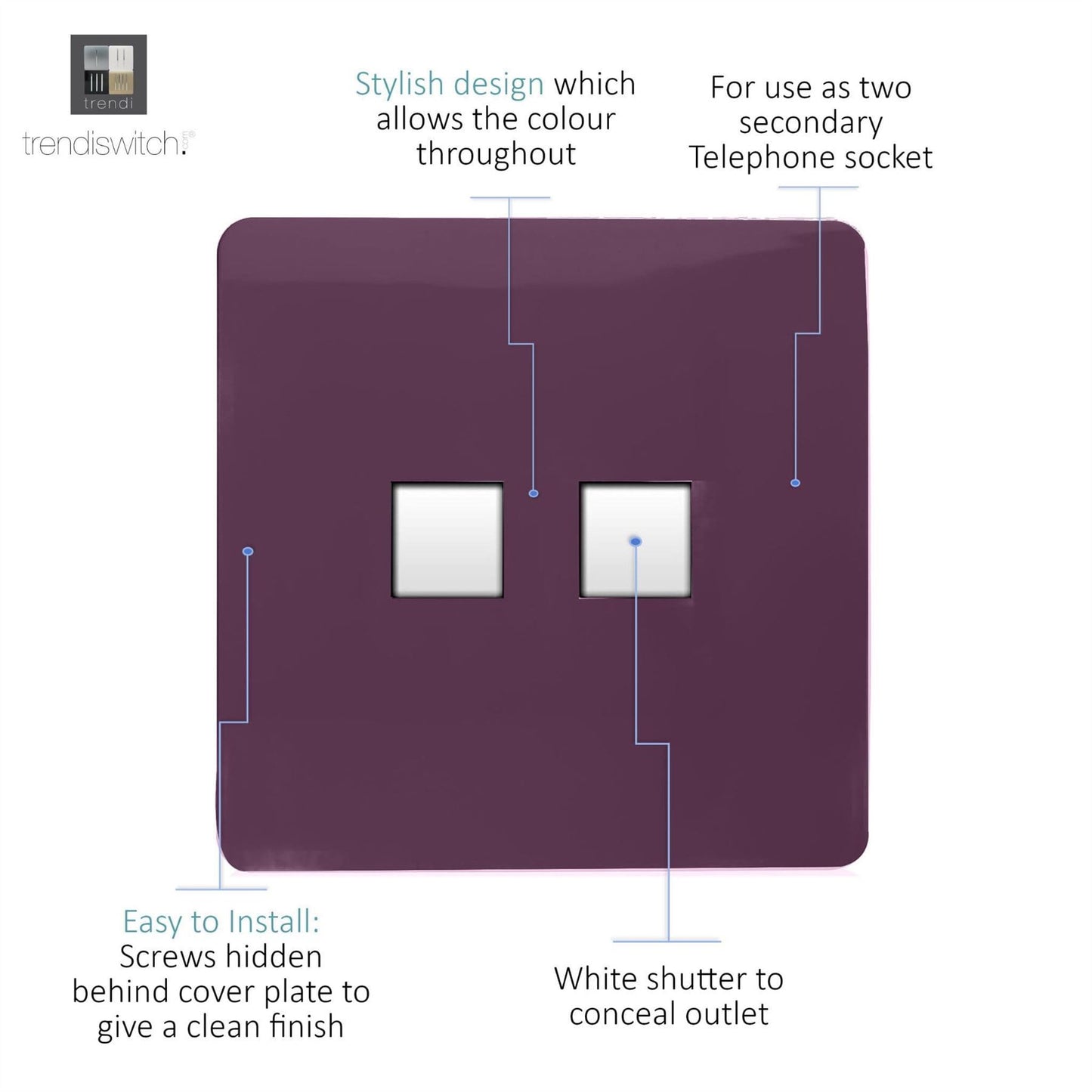 Trendi Artistic Modern Glossy Tactile 2 Gang Telephone Socket Plum