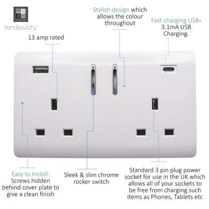 Trendi 2 Gang 13 Amp 2 x 3.1mA Type A&C USB Switched Plug Socket in Matt White - ART-SKT213USB31ACMWH
