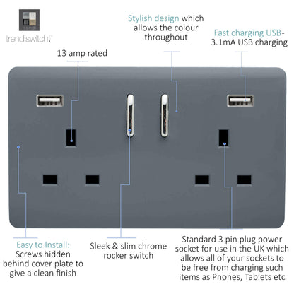 Trendi 2 Gang Artistic Modern Glossy 13 Amp 2 x 3.1mA USB Switched Plug Socket Warm Grey