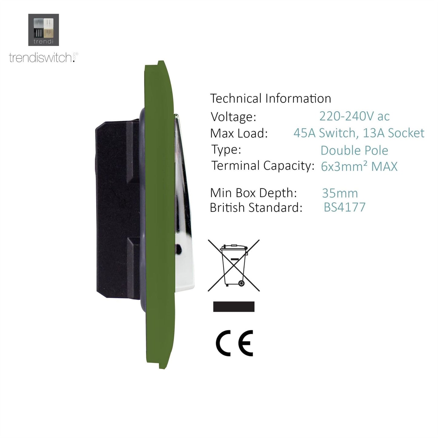 Trendi Artistic Modern Glossy 45 A Cooker Switch & Plug Socket Inc Neon Insert Moss Green