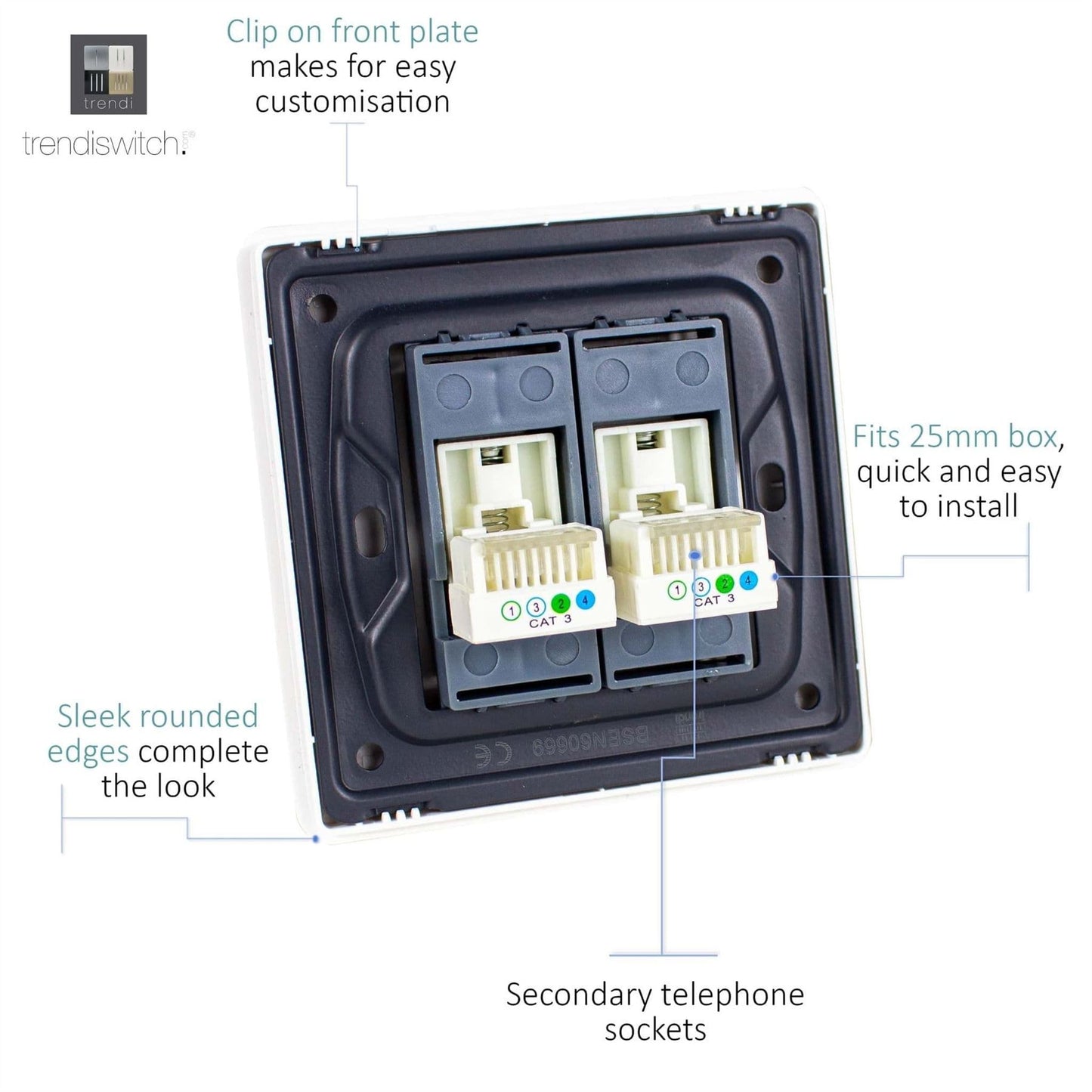 Trendi Switch 2 Gang Cat 3 Modern Designer Telephone Slave Socket in Carbon Fibre