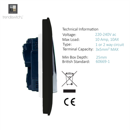 Trendi 1 Gang 2 Way 240V Screwless Artistic Modern Glossy 10 Amp Chrome Rocker Electrical Wall Light Switch in Piano Black (3 pack)