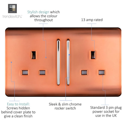 Trendi 2 Gang Raised Artistic Modern Glossy Screwless 13 Amp Single Pole with Chrome Switched UK Standard Electrical Double Wall Plug Socket in Copper - ART-SKT213LCPR