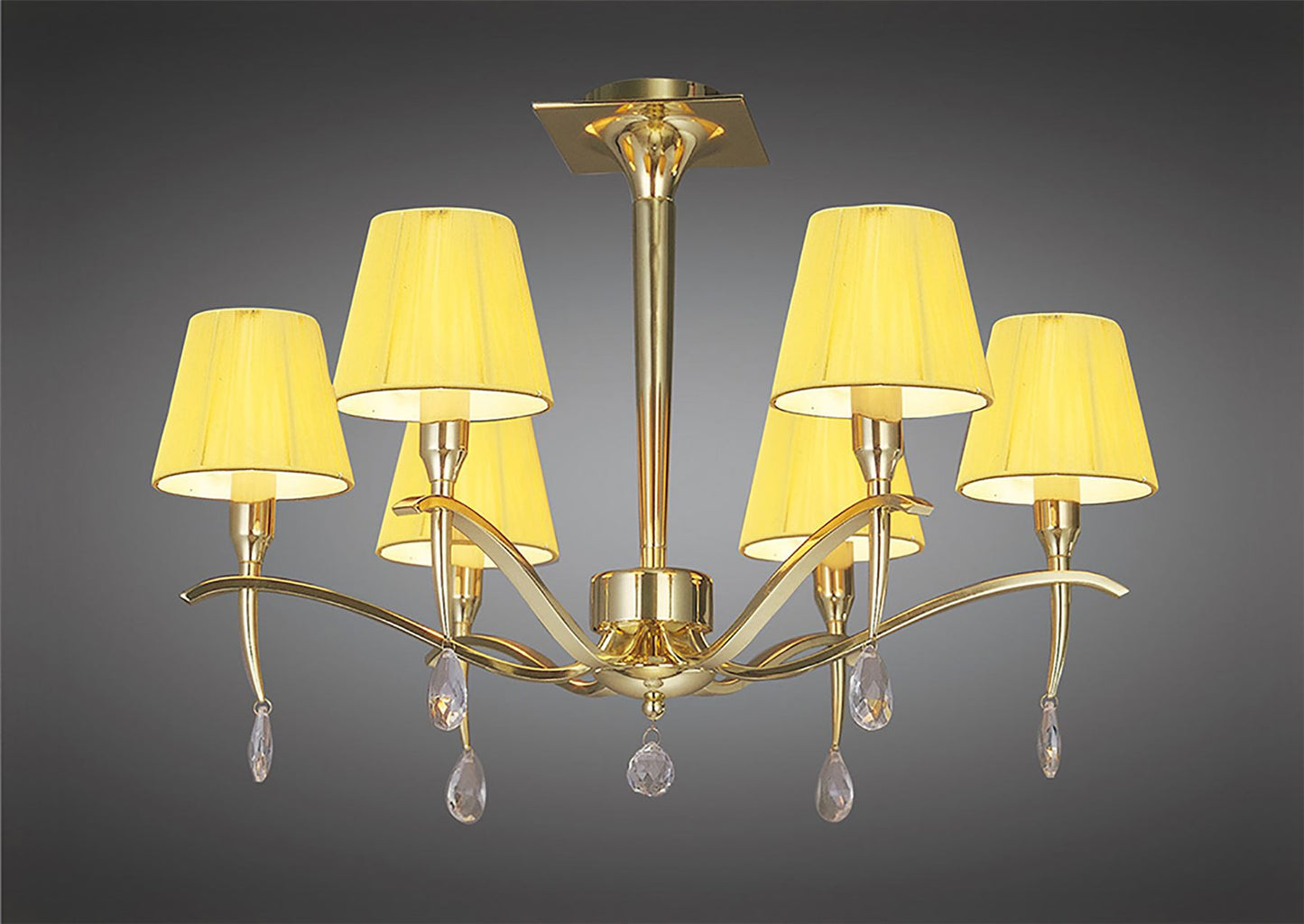 Mantra Siena 63cm Semi Flush Round 6 Light E14, Polished Brass with Amber Cream Shades and Clear Crystal