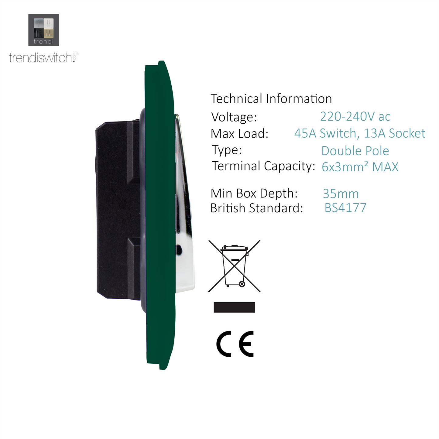 Trendi Artistic Modern Glossy 45 A Cooker Switch & Plug Socket Inc Neon Insert Dark Green