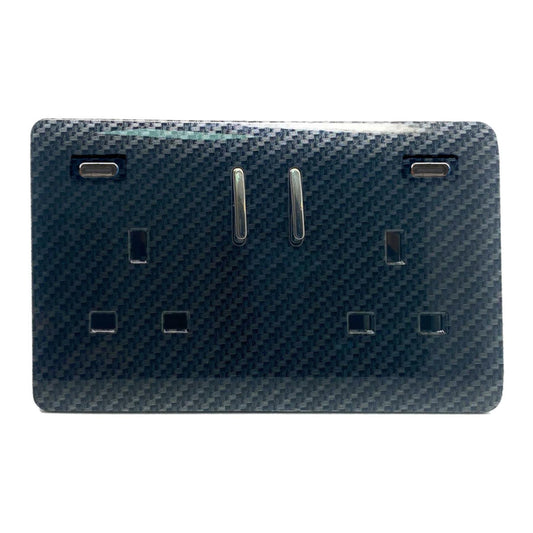 Carbon Fibre Screwless 2 Gang Switched Double Socket 13A With 2 x USB-C 45W (Shared), (35mm Back Box Req.), 10yrs Warranty
