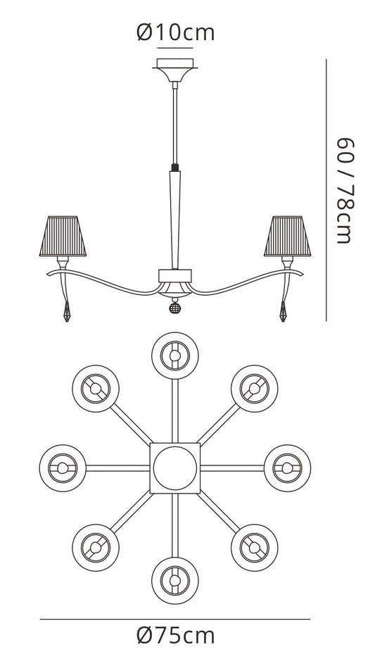 Mantra M0341 Siena Pendant Round 8 Light E14, Polished Chrome with Black Shades and Black Crystal