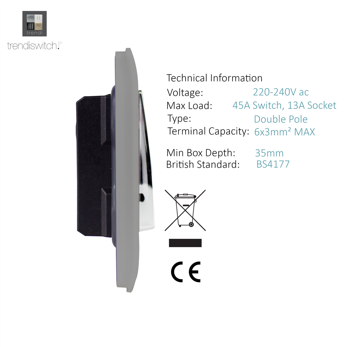 Trendi Artistic Modern Glossy 45 A Cooker Switch & Plug Socket Inc Neon Insert Light Grey