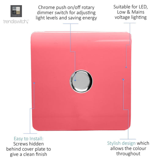 Trendi 1 Gang 2 Way 240V 100w LED Dimmer Screwless Raised Front Plate Plastic Artistic Modern Glossy 10 Amp Chrome Single Electrical Wall Light Switch in Strawberry Red - ART-LDMSB