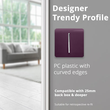 Trendi 1 Gang 2 Way 240V Screwless Artistic Modern Glossy 10 Amp Chrome Rocker Electrical Wall Light Switch in Plum Purple (5 pack)