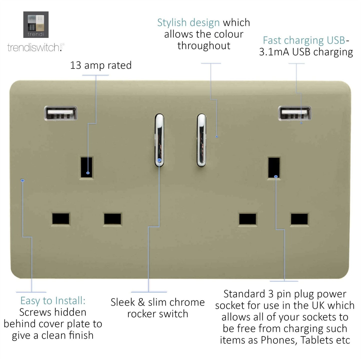 Trendi 2 Gang Artistic Modern Glossy 13 Amp 2 x 3.1mA USB Switched Plug Socket Chapagne Gold