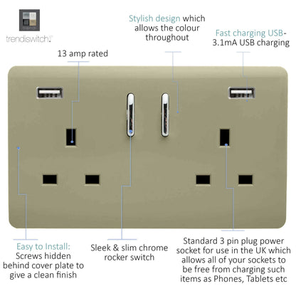 Trendi 2 Gang Artistic Modern Glossy 13 Amp 2 x 3.1mA USB Switched Plug Socket Chapagne Gold