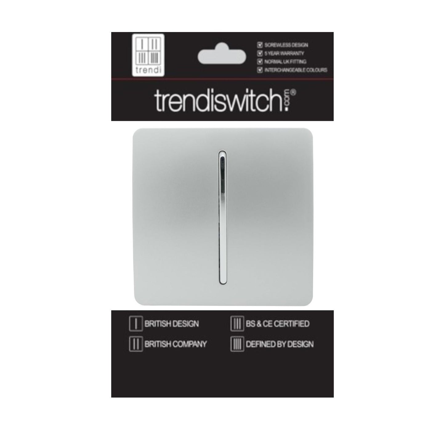 Trendi 1 Gang 2 Way 240V Screwless Artistic Modern Glossy 10 Amp Chrome Rocker Single Electrical Wall Light Switch in Platinum Silver (5 pack)
