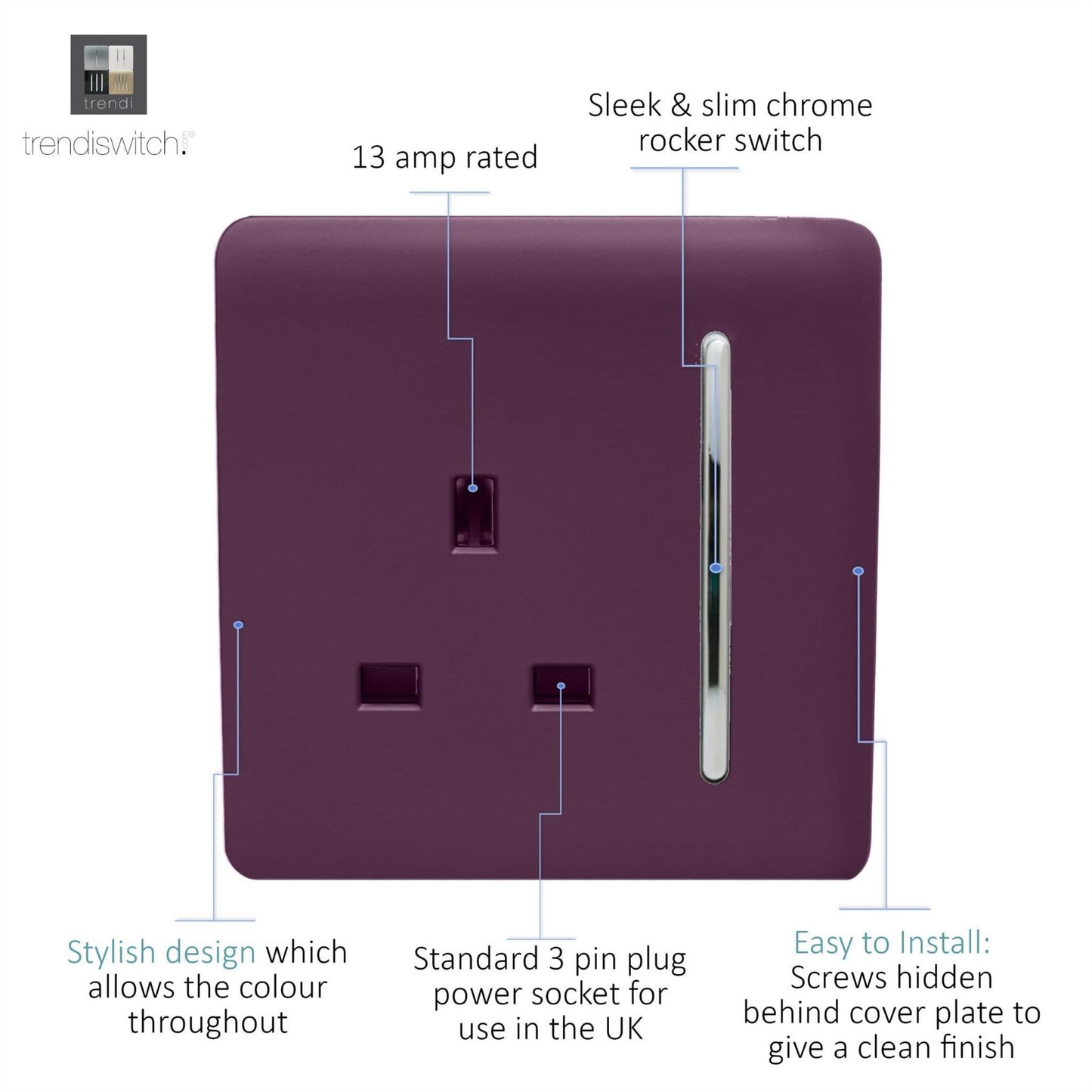 Trendi 1 Gang Artistic Modern Glossy 13 Amp Switched Tactile Plug Socket Plum
