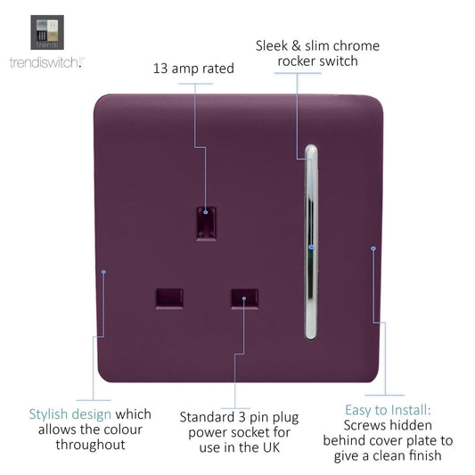 Trendi 1 Gang Artistic Modern Glossy 13 Amp Switched Tactile Plug Socket Plum
