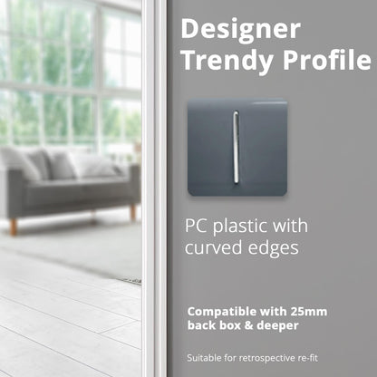 Trendi 1 Gang 2 Way 240V Screwless Artistic Modern Glossy 10 Amp Chrome Rocker Electrical Wall Light Switch in Warm Grey (2 PACK)