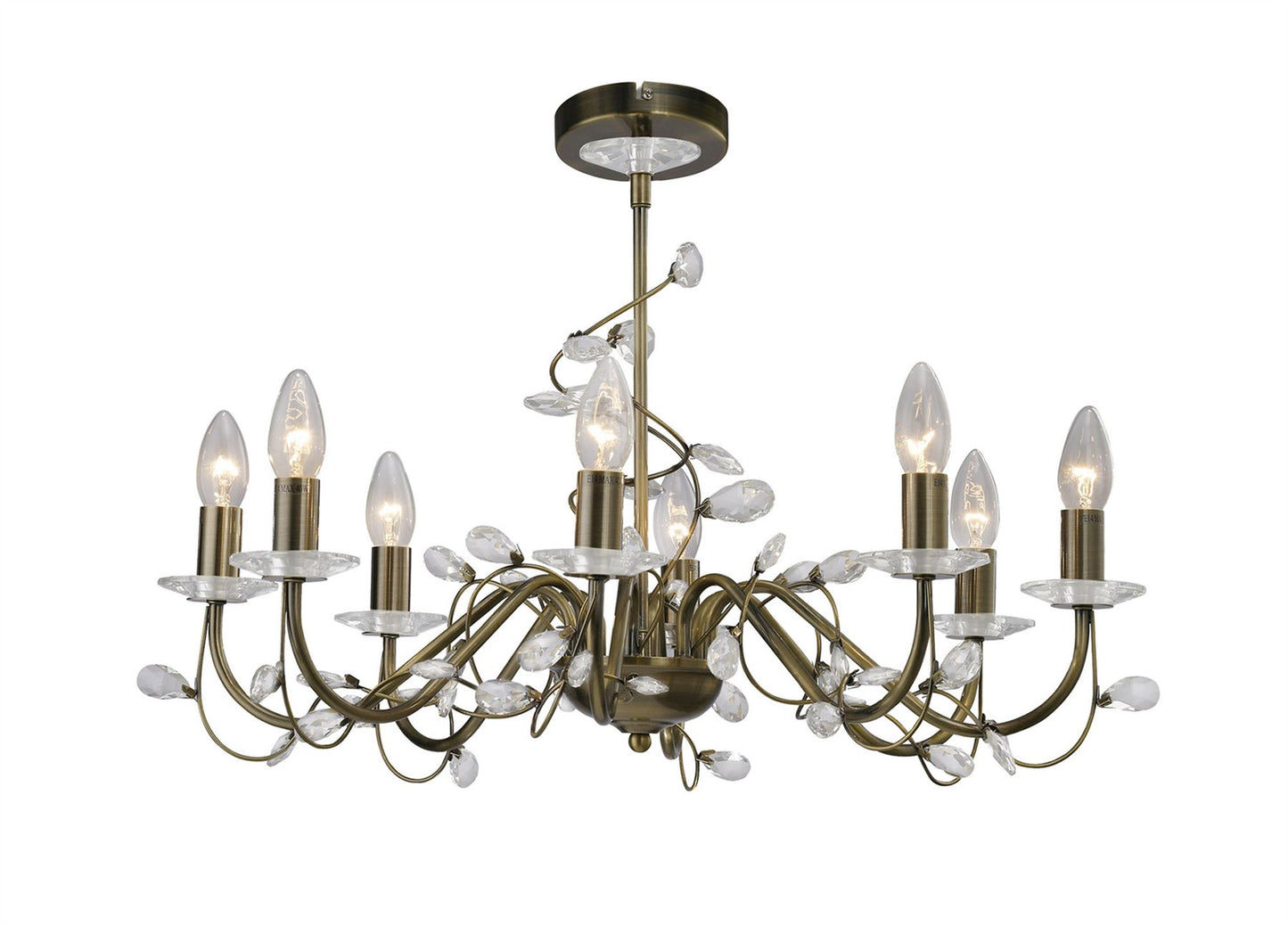 Diyas Willow 64cm  WITHOUT SHADE 8 Light E14 Antique Brass/Crystal Ceiling Pendant Light Fitting