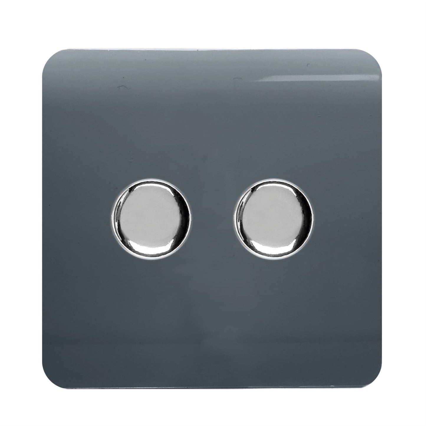 Trendi 2 Gang 2 Way 240V 100w LED Dimmer Screwless Raised Front Plate Plastic Artistic Modern Glossy 10 Amp Chrome Single Electrical Wall Light Switch in Warm Grey - ART-2LDMWG