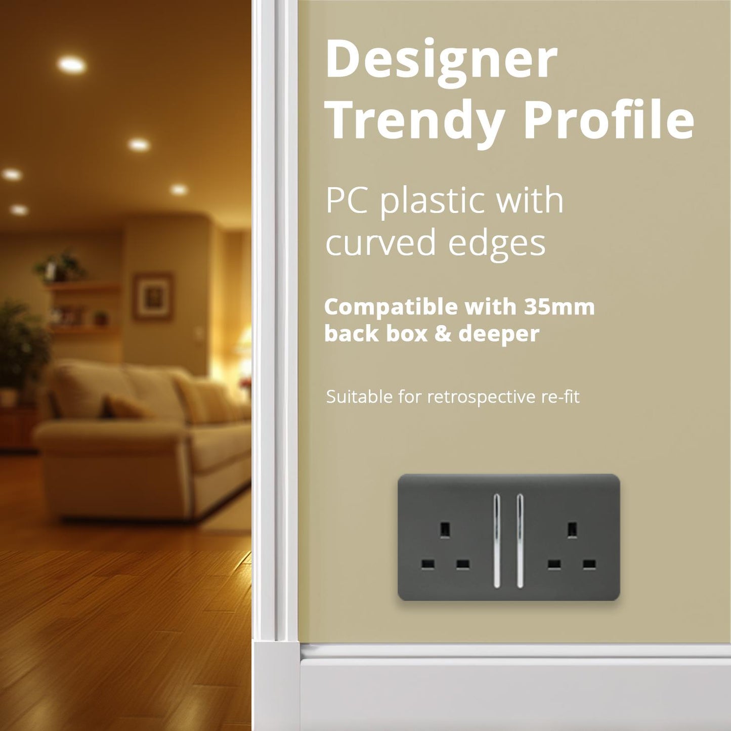Trendi 2 Gang Raised Artistic Modern Glossy Screwless 13 Amp Single Pole with Chrome Switched UK Standard Electrical Double Wall Plug Socket in Charcoal Grey - ART-SKT213LCH