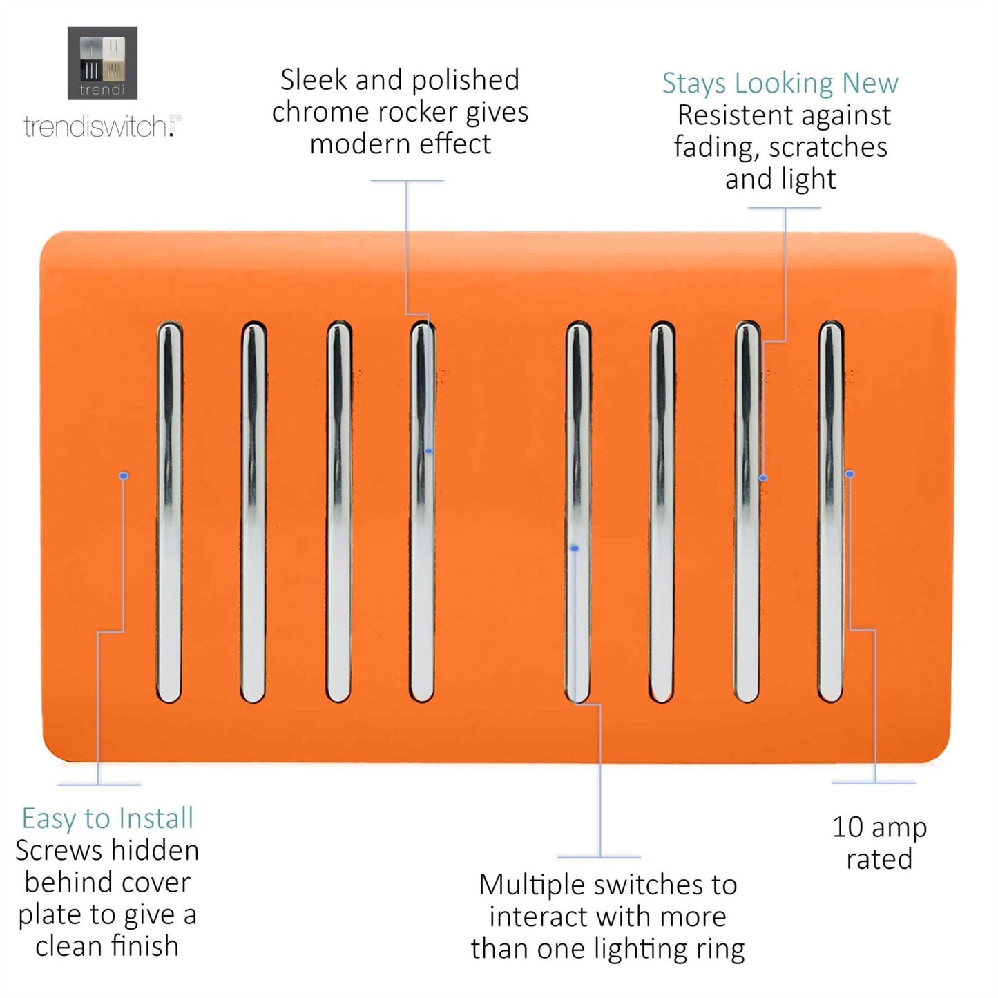Trendi Artistic Modern Glossy 8 Gang 2 Way Rocker  Double Plate Tactile Light Switch Orange