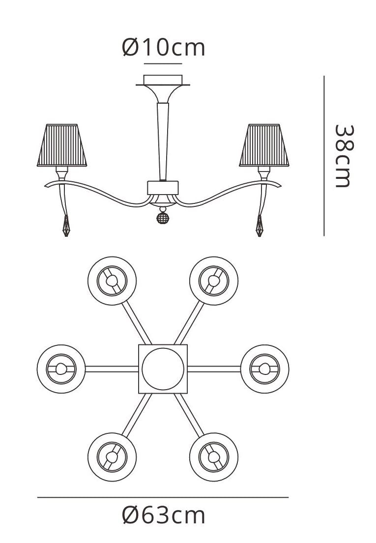 Mantra Siena 63cm Semi Flush Round 6 Light E14, Antique Brass with Amber Cream Shades and Amber Crystal