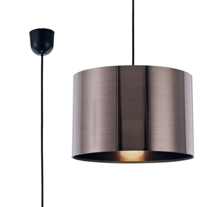 Deco Dako Black Pendant 1 Light E27 with 300 x 200mm Metallic Gun Metal Finish Cylinder Shade, c/w Ceiling Bracket