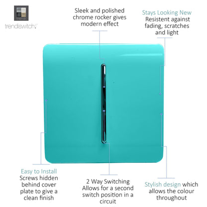 Trendi 1 Gang 2 Way 10 Amp Rocker Chrome Light Switch Glossy Bright Teal