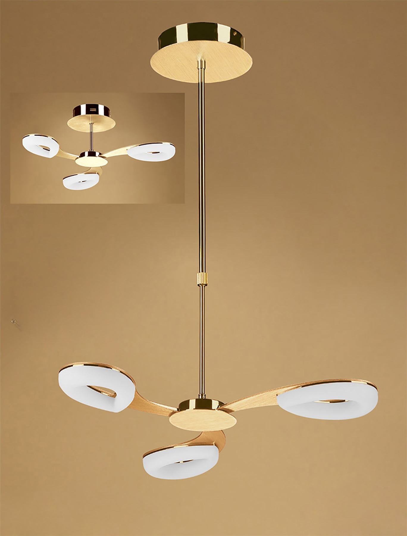 Mantra Fusion Juno 58cm Telescopic Convertible To Semi Flush 3 Light 15W LED 3000K, 1350lm, Satin Gold/Frosted Acrylic/Gold, 3yrs Warranty