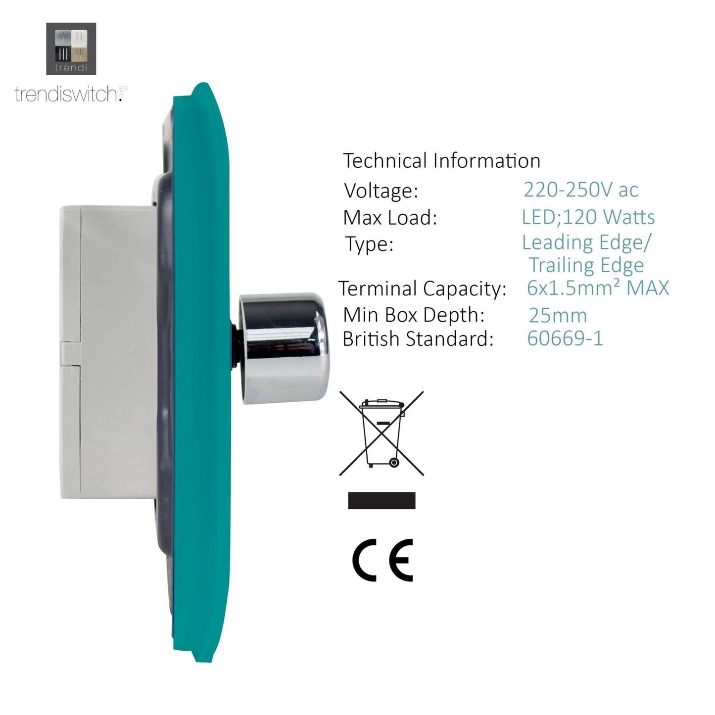 Trendi 1 Gang 2 Way 240V 100w LED Dimmer Screwless Raised Front Plate Plastic Artistic Modern Glossy 10 Amp Chrome Single Electrical Wall Light Switch in Bright Teal - ART-LDMBT