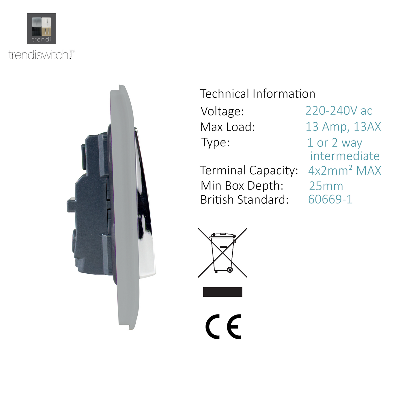 Trendi 2 Gang Artistic Modern Glossy 13 Amp Switched Tactile Plug Socket Silver (3 Pack)