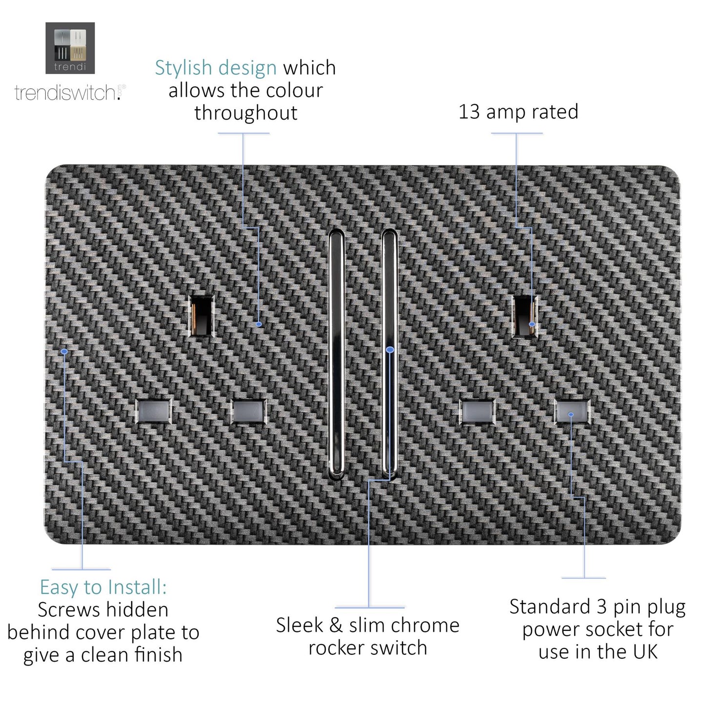 Trendi 2 Gang Artistic Modern Glossy 13 Amp Long Switched Tactile Plug Socket Carbon Fibre (5 Pack)