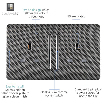Trendi 2 Gang Artistic Modern Glossy 13 Amp Long Switched Tactile Plug Socket Carbon Fibre (5 Pack)
