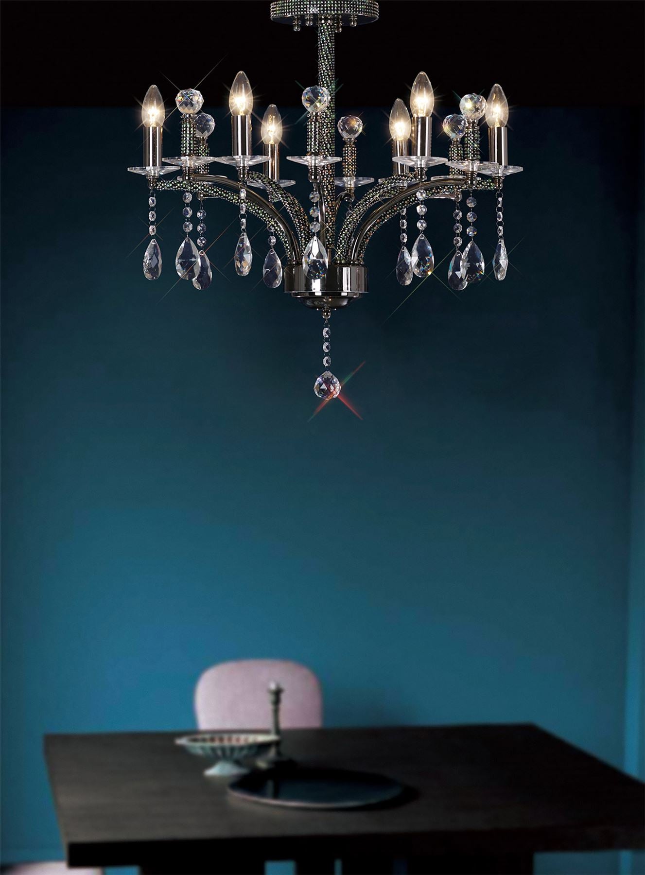 Diyas Fiore 62cm  6 Light E14 Black Chrome/Crystal Ceiling Pendant Light Fitting
