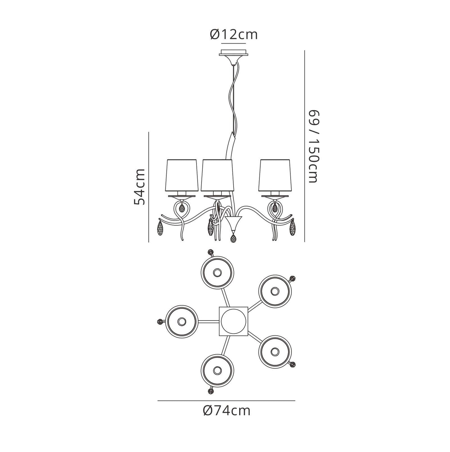 Mantra Louise Pendant 5 Light E27 with White Shades Polished Chrome/Clear Crystal