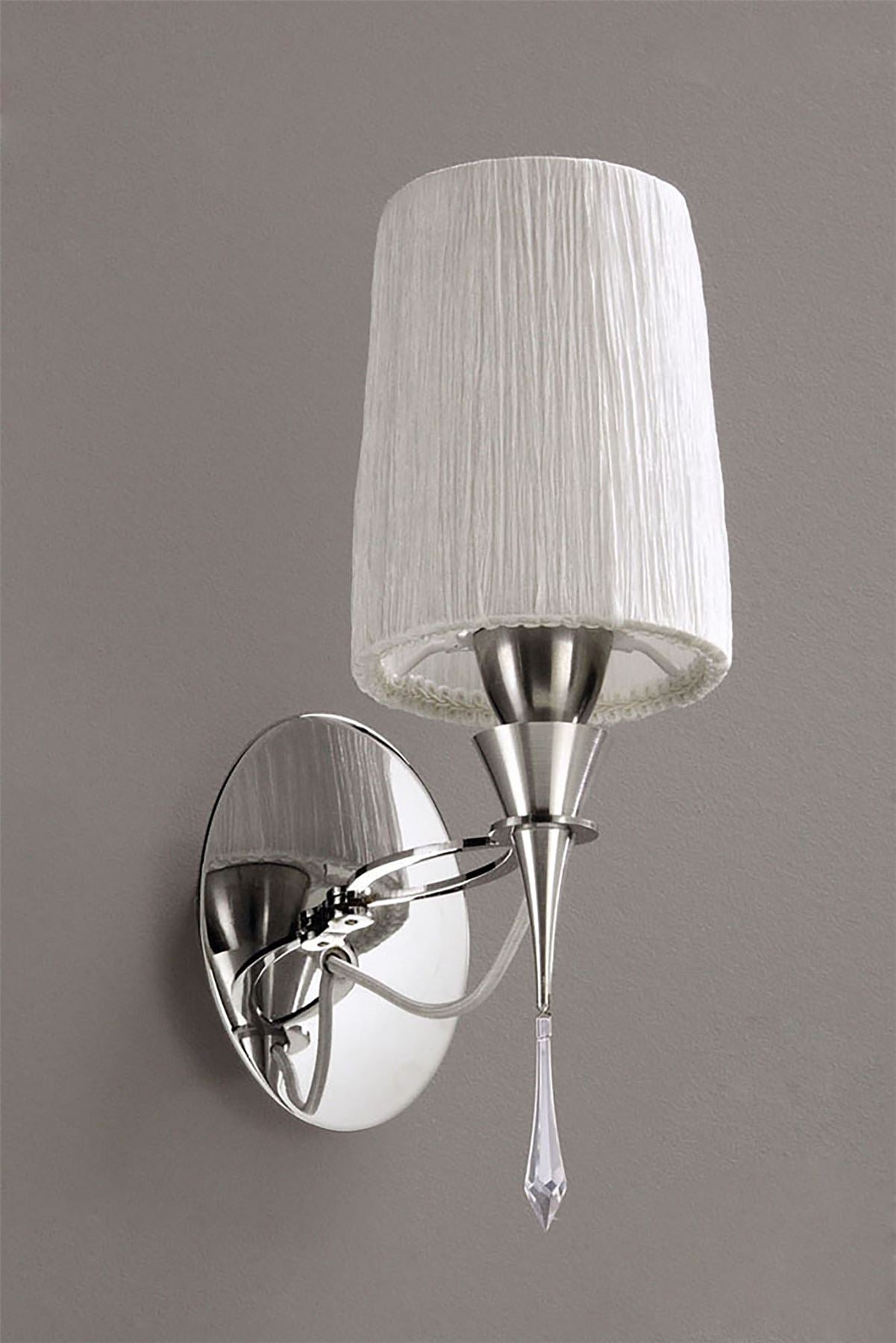 Mantra Lucca Wall Light Switched 1 Light E27, Polished Chrome with White Shade & Clear Crystal