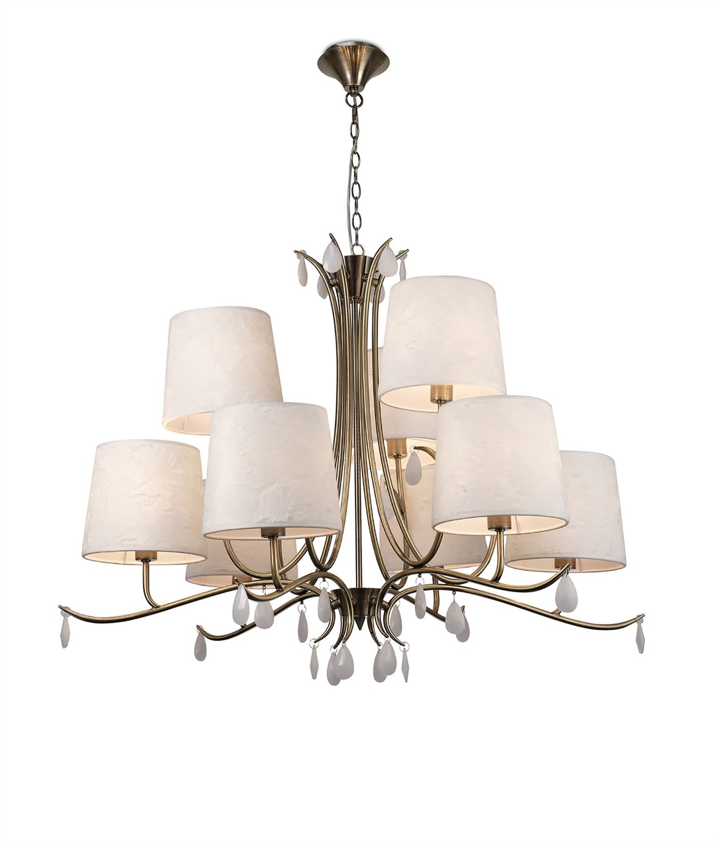 Mantra M6331 Andrea Pendant 88cm Round, 6+3 x E14 (Max 20W), Antique Brass, White Shades, White Crystal Droplets