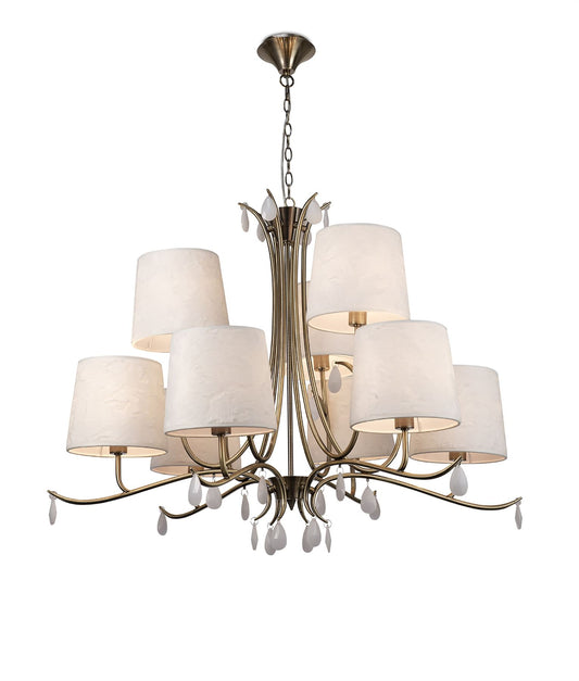Mantra M6331 Andrea Pendant 88cm Round, 6+3 x E14 (Max 20W), Antique Brass, White Shades, White Crystal Droplets