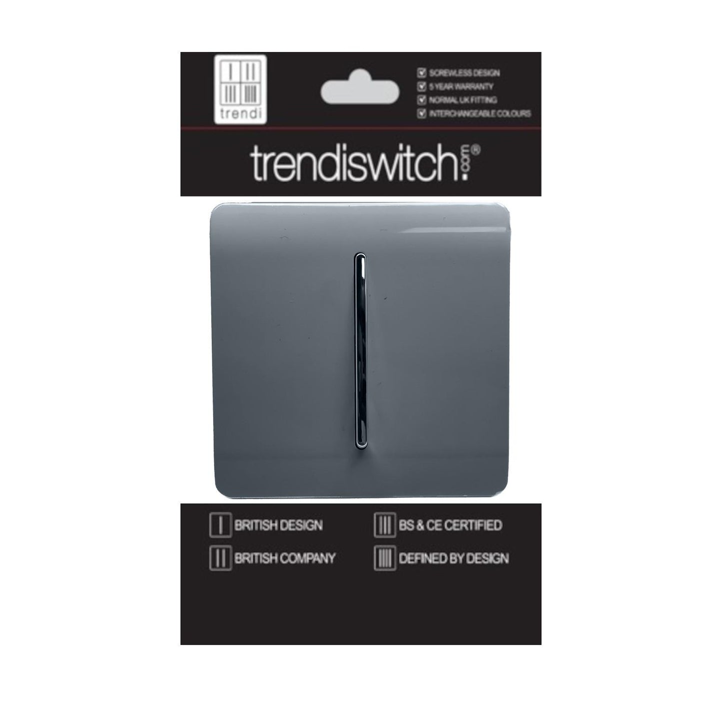 Trendi 1 Gang 2 Way 240V Screwless Artistic Modern Glossy 10 Amp Chrome Rocker Electrical Wall Light Switch in Warm Grey (3 PACK)