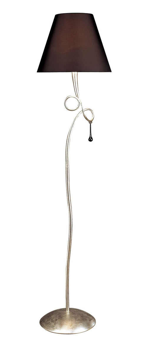 Mantra Paola Floor Lamp 1 Light E27, Silver Painted with Black Shade & Black Glass Droplets
