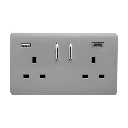 Trendi 2 Gang Artistic Modern Glossy 13 Amp 2 x Type A & C 3100 mA USB Switched Plug Socket Light Grey
